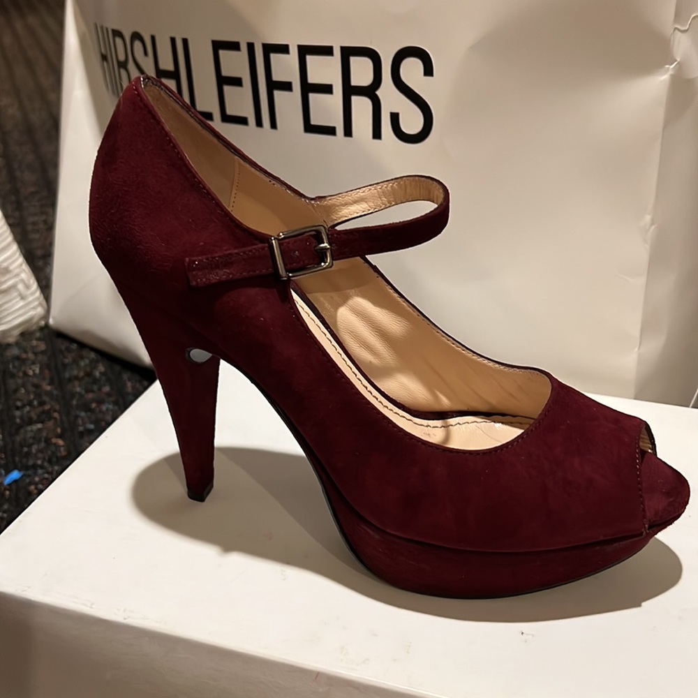 GastoneLucioli Burgundy Suede Platform Peep-toe Mary Jane Pumps.  37